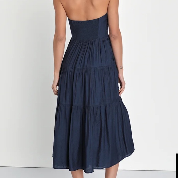 LULUS Women Small Sweetness Sunshine Navy Strapless Midi Fit Flare Pockets Dress - Picture 2 of 15